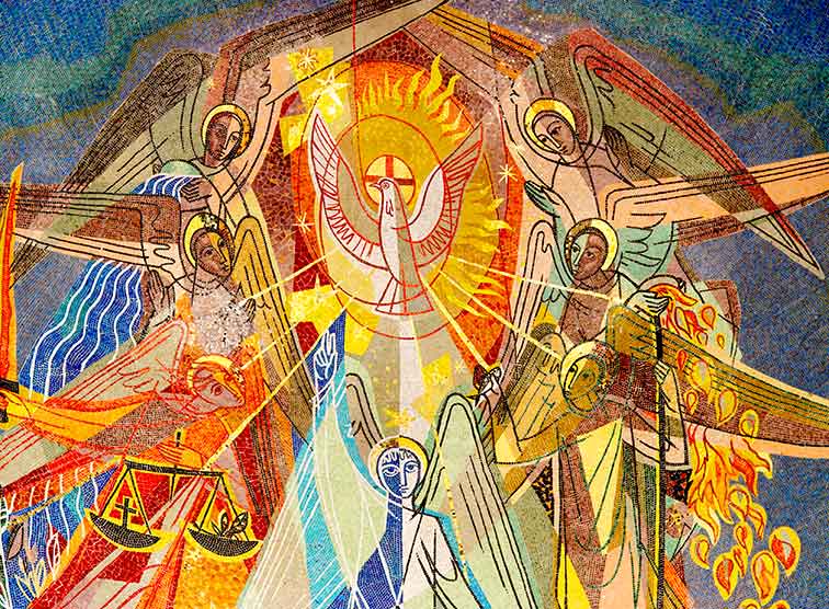 'Gottes Geist inmitten der sieben heiligen Engel vor Gottes Thron'. Apsismosaik St. Gabriel.
